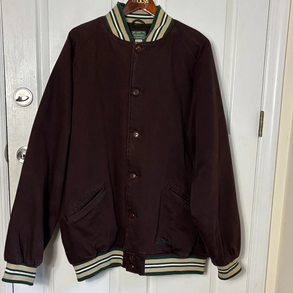 Stall & Dean brown varsity jacket size 5XL Logo wing patch on back bomber heavy